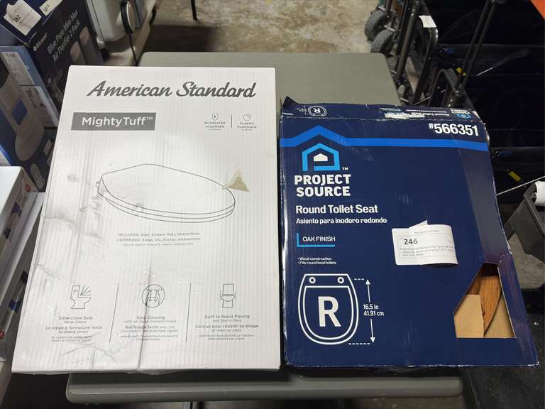 Project Source Round Toilet Seat-Oak Finish, & American Standard Mighty Tuff Elongated Toilet Seat- White