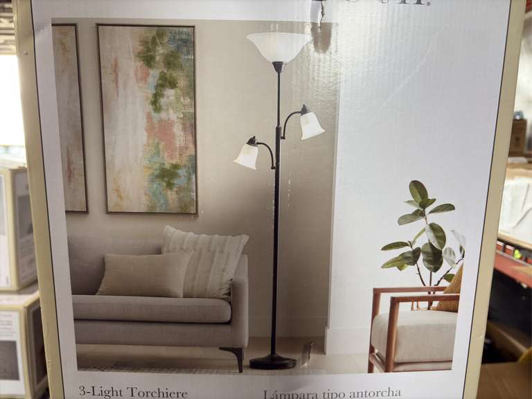 Allen Roth 72” 3-Light Torchiere Lamp - Bronze Finish w/ Glass Shade