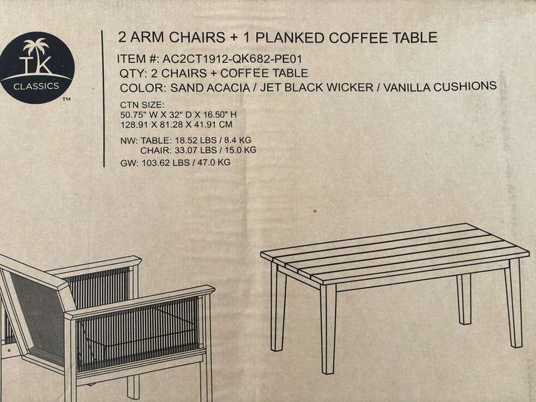 TK Classics - 2 Arm Chairs & 1 Planked Coffee Table Set *NIB