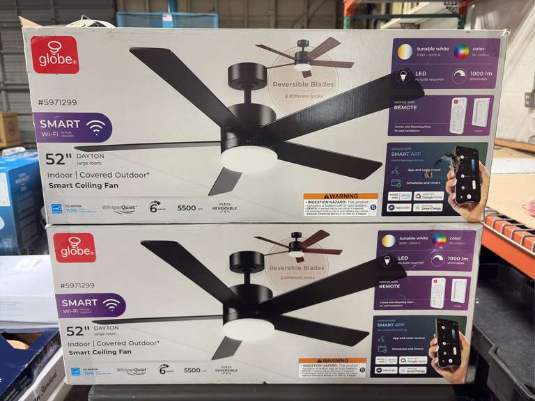 (2) Globe Dayton 52” Smart Wi-Fi Indior Ceiling Fans - 6 Speed, 5500 CFM