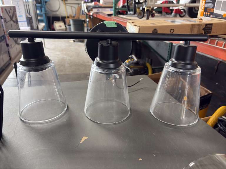 (3) Project Source 12” Outdoor Wall Lights, Style Selections Solar Outdoor Lantern & Allen Roth 3-Light Vanity Light Bar