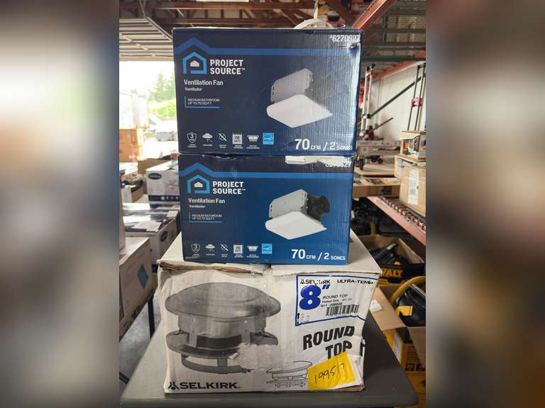 (2) Project Source 70CFM Bathroom Ventilation Fans & Selkirk 8" Round Top Chimney Cover