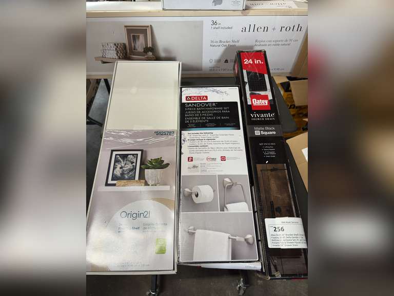 Allen Roth 36" Bracket Shelf, Origin 21-24" Floating Shelf, Delta Sandover 3pc Bathroom Hardware Set, Project Source Rutland Tub & Shower Faucet, & Oatey Vivante 24" Shower Drain