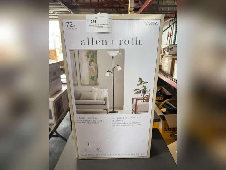 Allen Roth 72” 3-Light Torchiere Lamp - Bronze Finish w/ Glass Shade