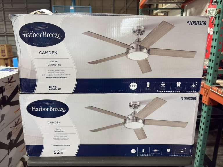 (2) Harbor Breeze Camden 52” Indoor Ceiling Fans - Brushed Nickel, 3 Speed, Espresso & Driftwood Blades