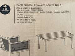 TK Classics - 2 Arm Chairs & 1 Planked Coffee Table Set *NIB