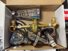 Allen Roth 36" Bracket Shelf, Origin 21-24" Floating Shelf, Delta Sandover 3pc Bathroom Hardware Set, Project Source Rutland Tub & Shower Faucet, & Oatey Vivante 24" Shower Drain