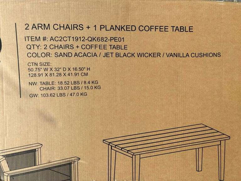 TK Classics 2 Arm Chairs + 1 Planked Coffee Table Set *NIB