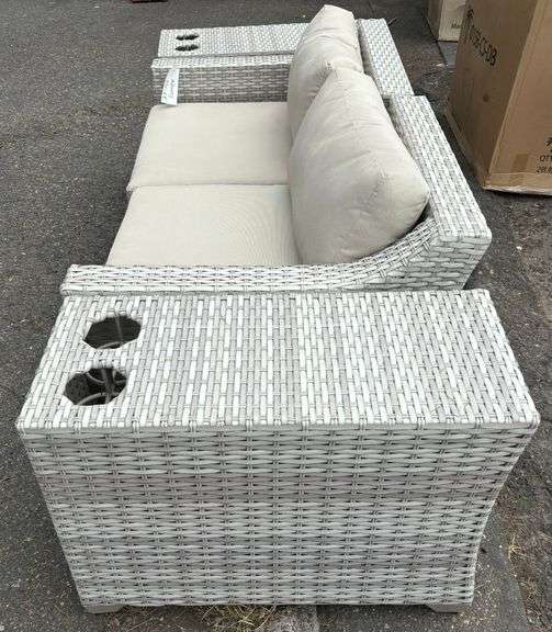 TK Classics Light Gray 2-Piece Wicker Patio Couch Set w/ (2) Wicker Cup Holder End Tables