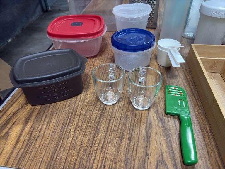 Box of Assorted Kitchen Supplies - Tupperware, Starbucks Tumblers, Silverware Organizer, Etc.