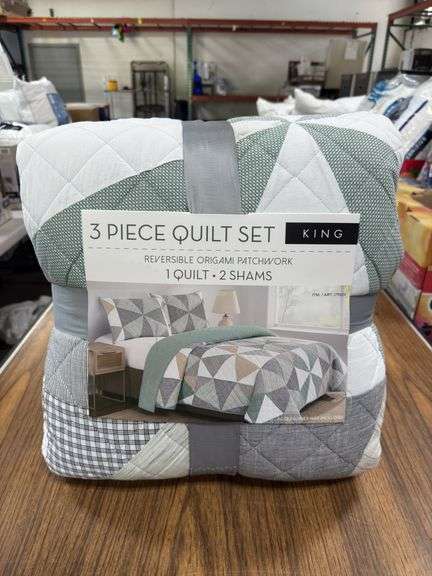 PEM 3pc King Quilt Set - Reversible Origami Patchwork