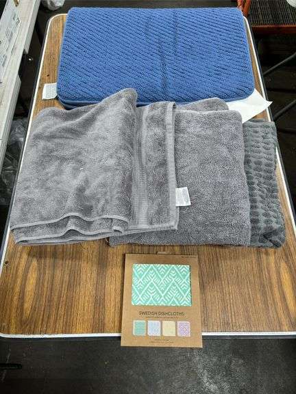 Blue Memory Foam Bath Mat, (3) Assorted Bath Towels, & 12pk Swedish Dishcloths