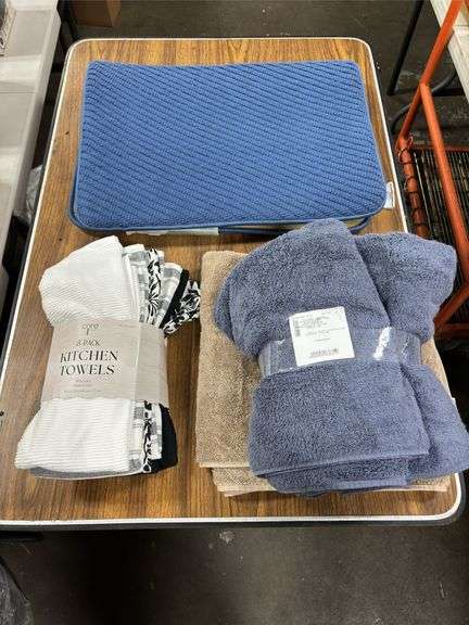 Blue Memory Foam Bath Mat, (3) Assorted Bath Towels, & 8pk Kitchen Towels