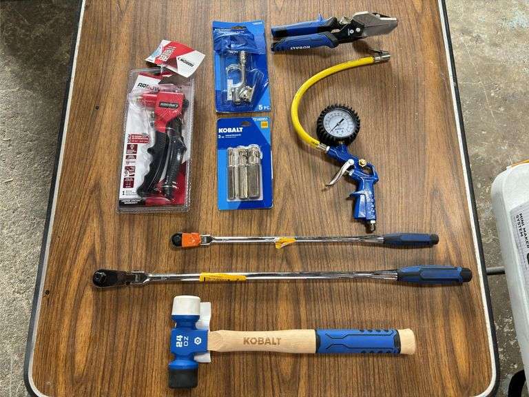 (2) Kobalt Long-Shaft Ratchets, 24oz Mallet, Flooring Cutter, Pressure Gauge, Arrow Riveter, Etc.