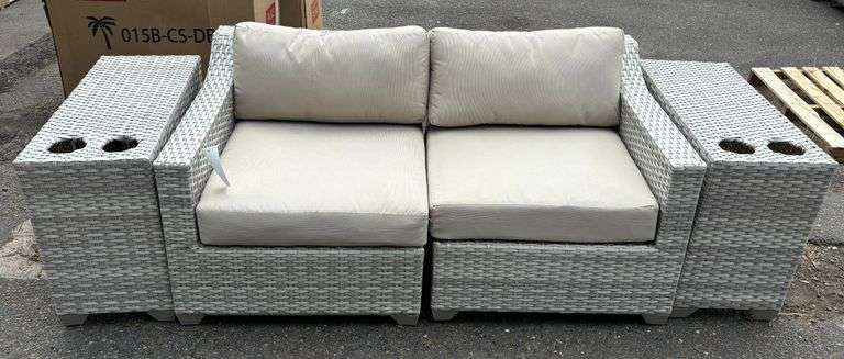 TK Classics Light Gray 2-Piece Wicker Patio Couch Set w/ (2) Wicker Cup Holder End Tables