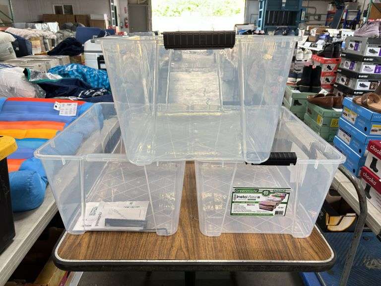 Greenmade 27gal Storage Tote, & (3) Greenmade Instaview 45qt Storage Totes