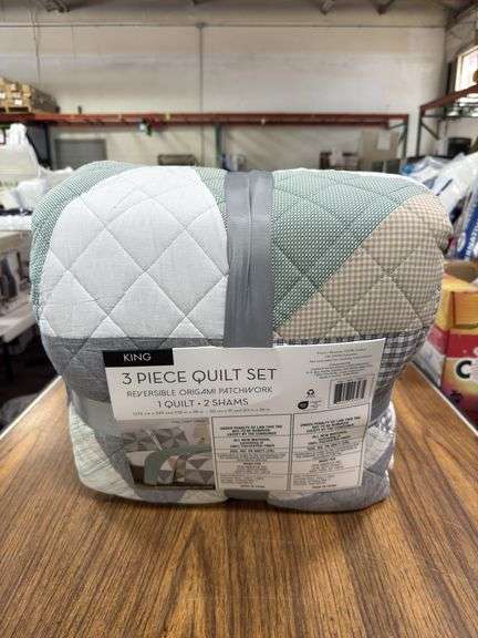 PEM 3pc King Quilt Set - Reversible Origami Patchwork