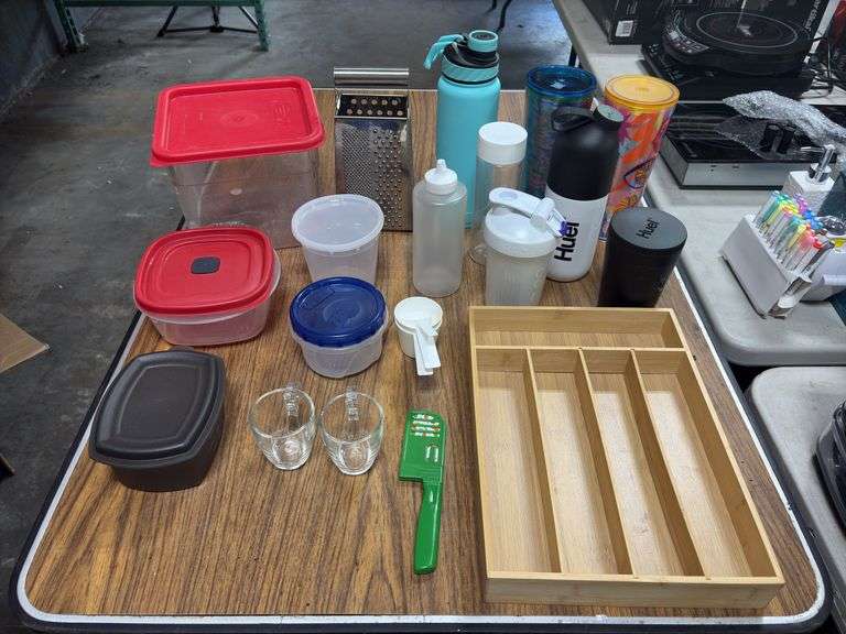Box of Assorted Kitchen Supplies - Tupperware, Starbucks Tumblers, Silverware Organizer, Etc.