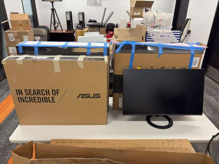 (4) Asus Monitors, Record Boxes, 5ft x 2ft Table & VIV 36