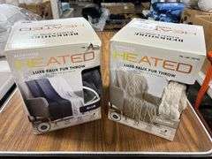 (2) Berkshire Luxe Faux Fur Heated Throw Blankets - Gray & White, & Blue & White