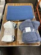 Blue Memory Foam Bath Mat, (3) Assorted Bath Towels, & 8pk Kitchen Towels