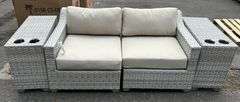 TK Classics Light Gray 2-Piece Wicker Patio Couch Set w/ (2) Wicker Cup Holder End Tables