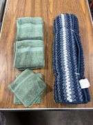 Blue & White Plush Bath Mat, (3) Floral Bath Towels, & 4pk Green Hand Towels