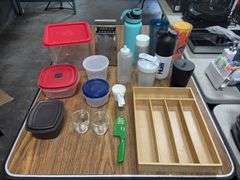 Box of Assorted Kitchen Supplies - Tupperware, Starbucks Tumblers, Silverware Organizer, Etc.