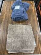 Blue Memory Foam Bath Mat, (3) Assorted Bath Towels, & 8pk Kitchen Towels