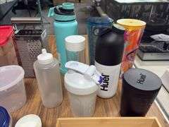 Box of Assorted Kitchen Supplies - Tupperware, Starbucks Tumblers, Silverware Organizer, Etc.