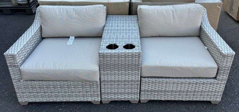 TK Classics 2-Pc Light Gray Wicker Patio Sofa w/ Wicker Cup Holder/Side Table
