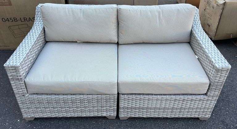 TK Classics 2-Piece Sectional Light Gray Wicker Sofa w/ Vanilla Cushions *NIB