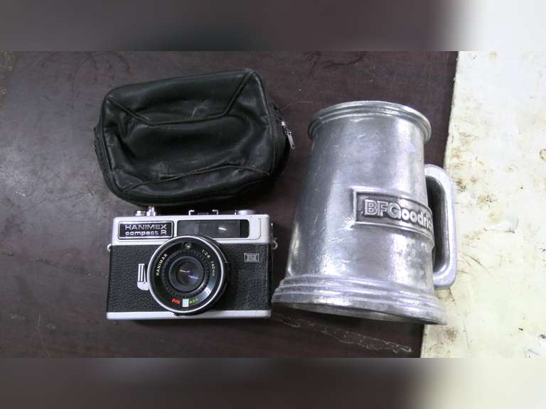 VINTAGE METAL BODY CAMERA AND BF GOODRICH MUG