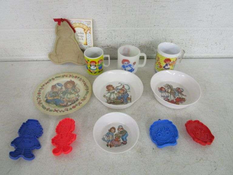 Raggedy Ann/Andy Bowls, Cups, Plate, Cookie Cutters