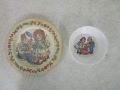 Raggedy Ann/Andy Bowls, Cups, Plate, Cookie Cutters