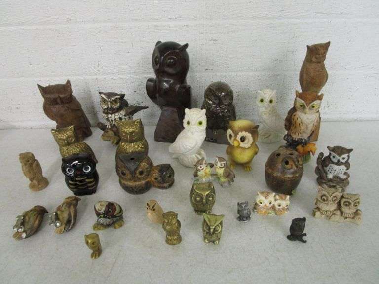 29 - Porcelain, Pottery, Brass & Wood Owl Figurines