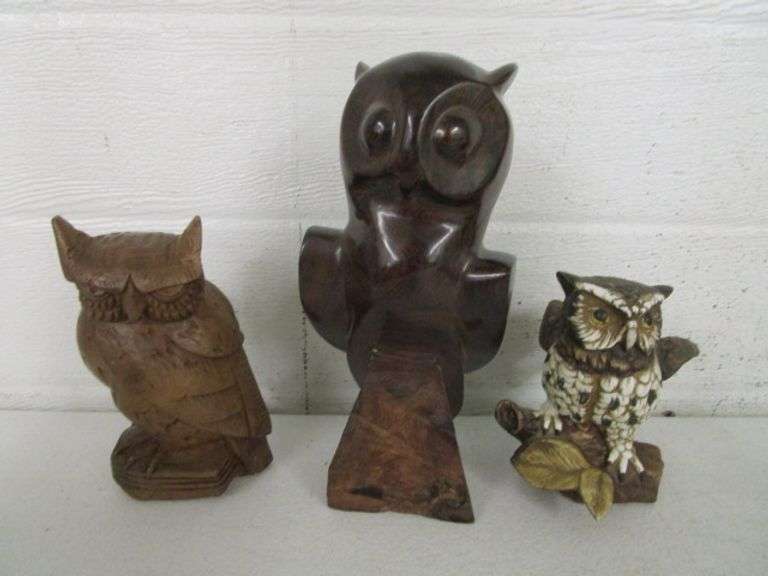29 - Porcelain, Pottery, Brass & Wood Owl Figurines