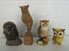 29 - Porcelain, Pottery, Brass & Wood Owl Figurines