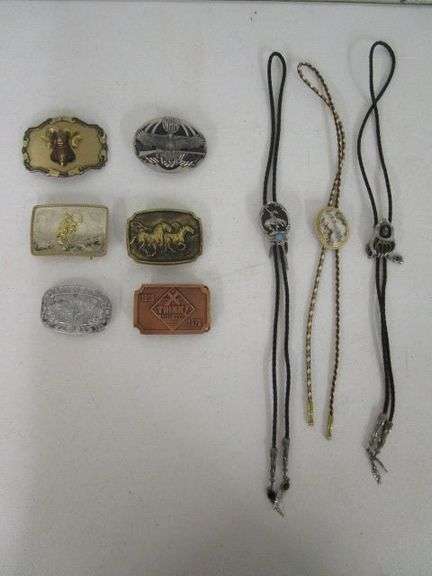 6 - Western Style Belt Buckles & 3 - Bolo Ties