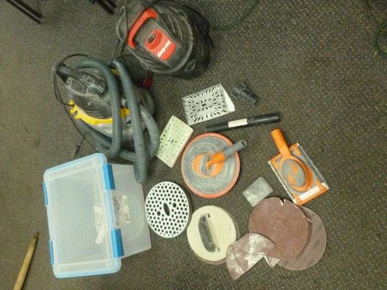 Sheetrock Vac Set - (2) Portable Shop Vacs - Poly Bin Of Sheetrock Sanding / Dust Tools