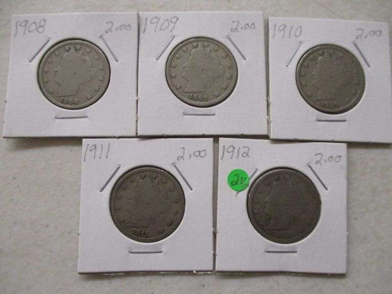 1908. 1909, 1910, 1911 & 1912 Liberty "V" Nickels