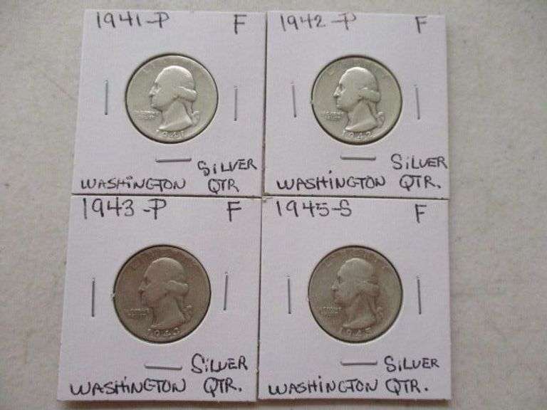 1941, 1942, 1943 & 1945-S Washington Silver Quarters