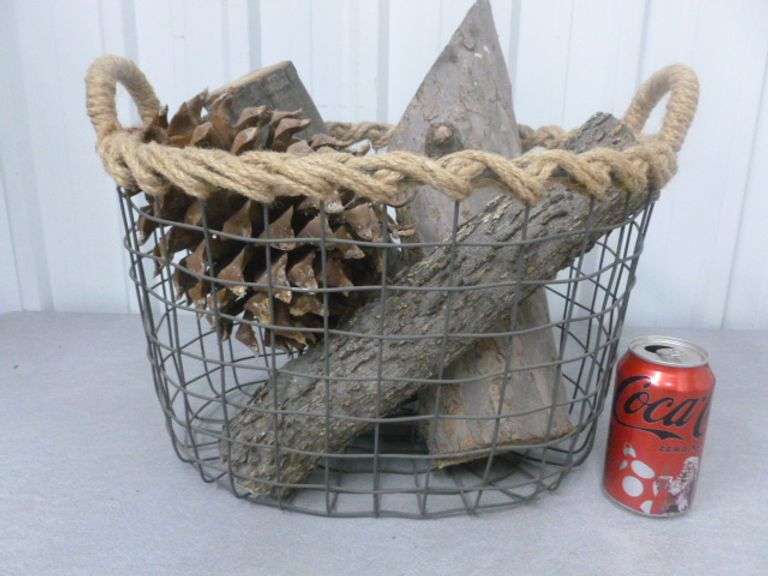 Vintage Burlap Rope Wrapped / Double Handled Wire Basket With Wood & Large Pine Cone For Decor
