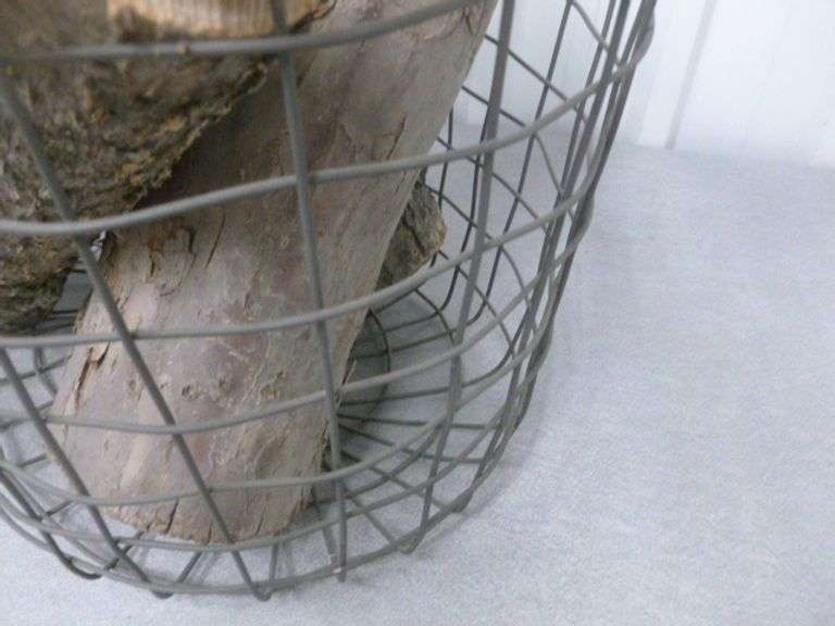 Vintage Burlap Rope Wrapped / Double Handled Wire Basket With Wood & Large Pine Cone For Decor