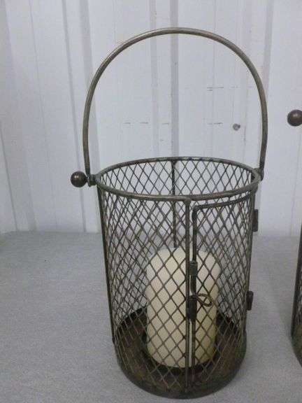 (2) Wire Basket Candle Lanterns - 8" & 10" H - with New Pillar Candles
