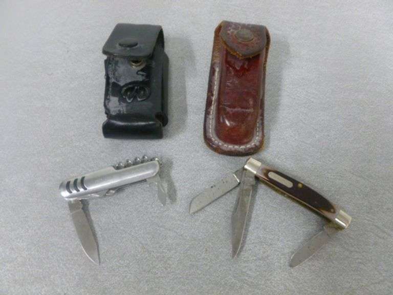 (2) Pocket Knives - Old Timer - Multi Blade / (2) Leather Knife Sheaths