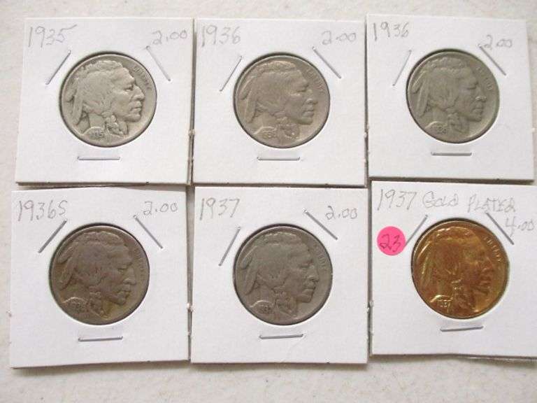 1935, (2) 1936, 1936-S, 1937 & 1937 Gold Plated Buffalo Nickels