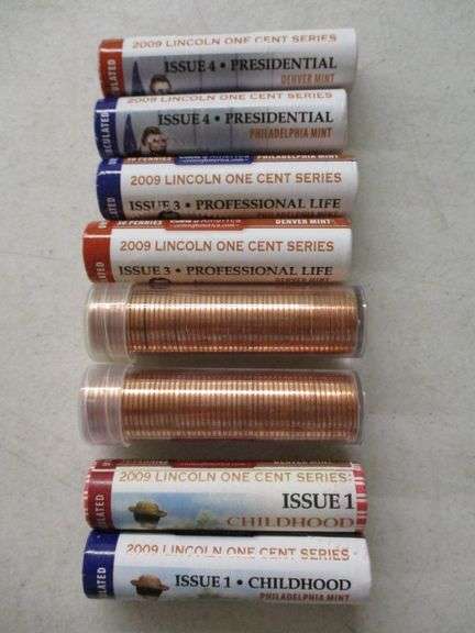 8 - Rolls/Tubes of 2009 P & D Lincoln One Cent Series - Childhood, Formative Years, Professional Life, Presidential
