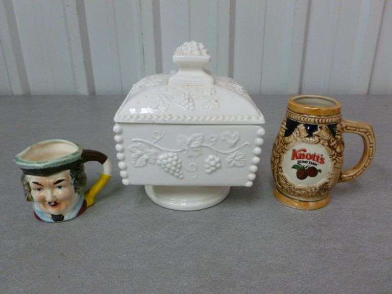 (3) Collector / Vintage Items - Enesco Candy Dish With Lid No. E-3206 / Toby Mug / Japan Knott's Ber