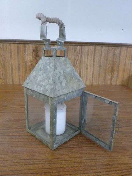 Galvanized Steel Candle Lantern With Pillar Candle